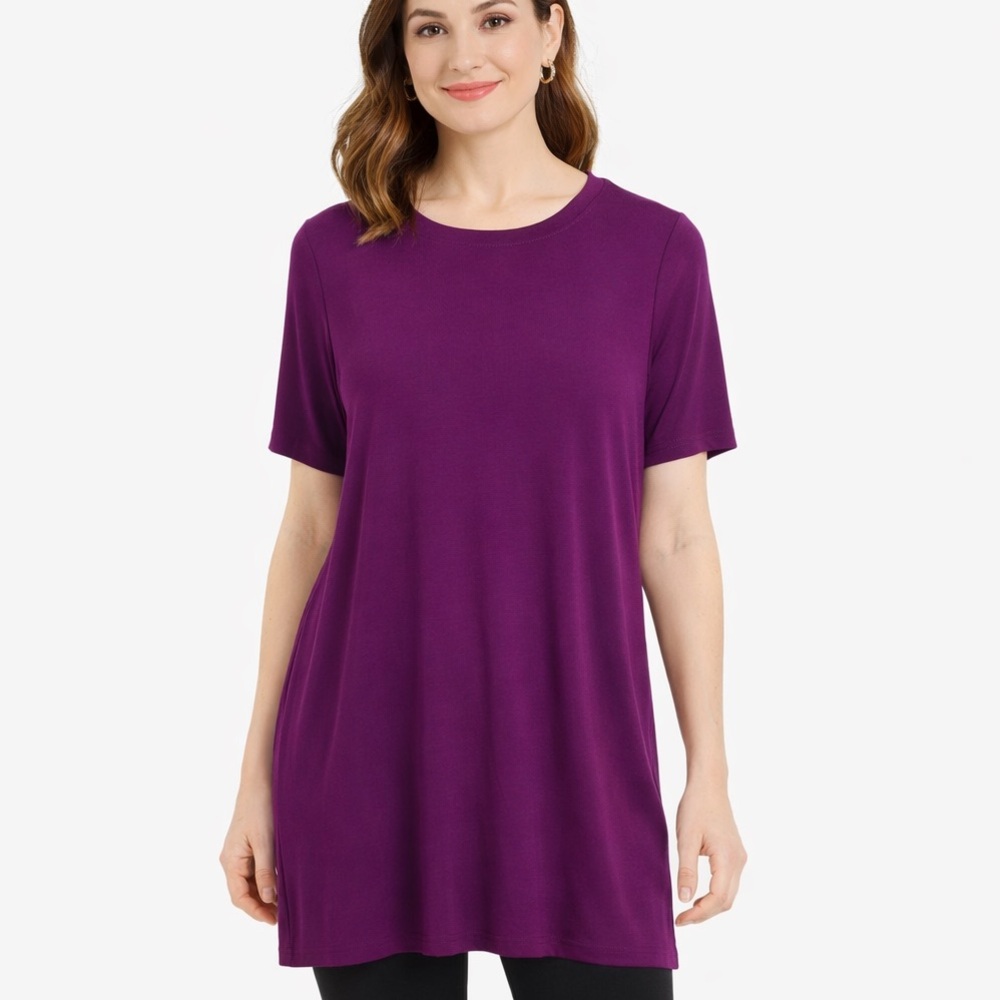 Eileen Fisher Rich Purple Short Sleeve mini dress tunic top sz M petite knit